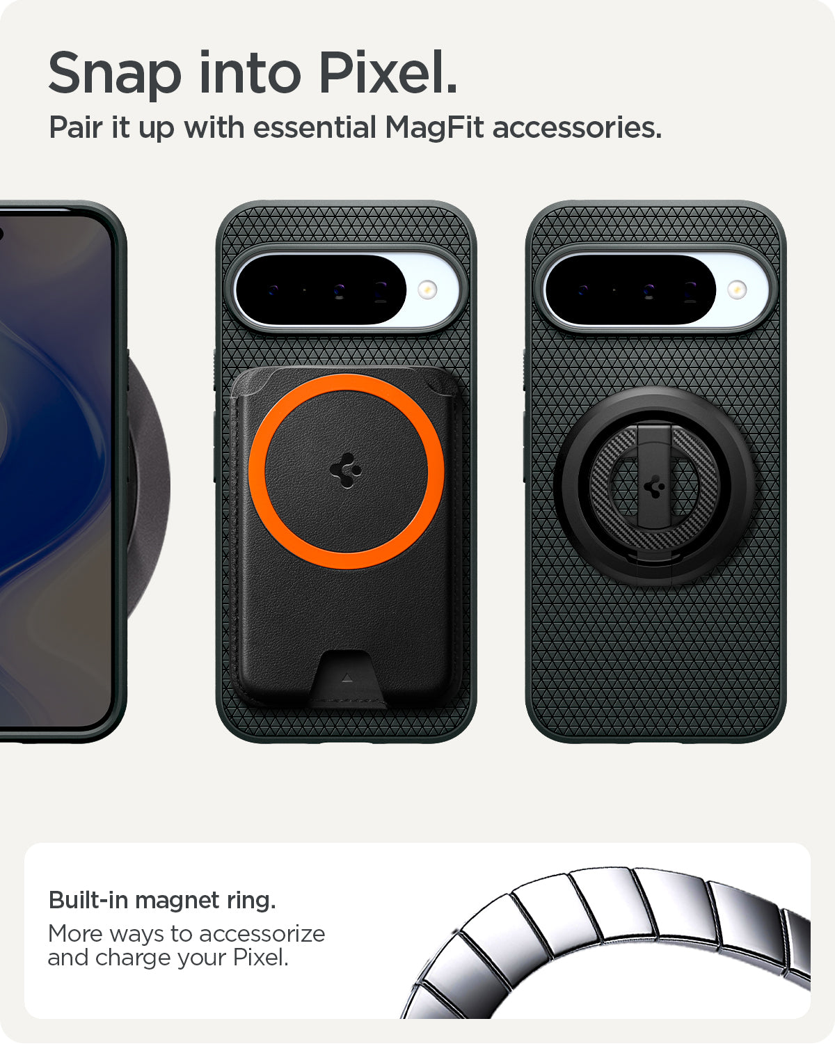 ACS09696 - Pixel 10 Pro Case Liquid Air (MagFit) in green showing the built in magnet ring. More ways to accessorize and charge your pixel. Snap into Pixel. Pair it up with essential MagFit accessories.