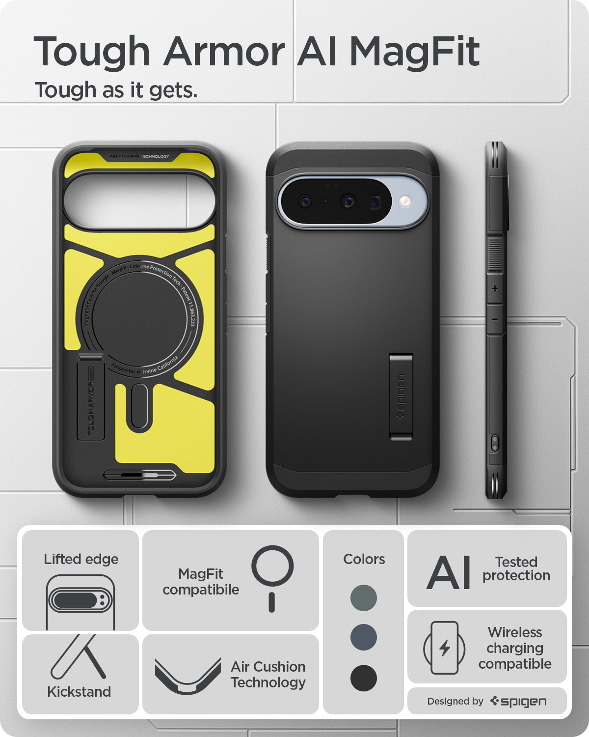ACS09705 - Pixel 10 Pixel 10 Pro Tough Armor AI (MagFit) in black showing tough armor ai mag fit. tough as it gets.