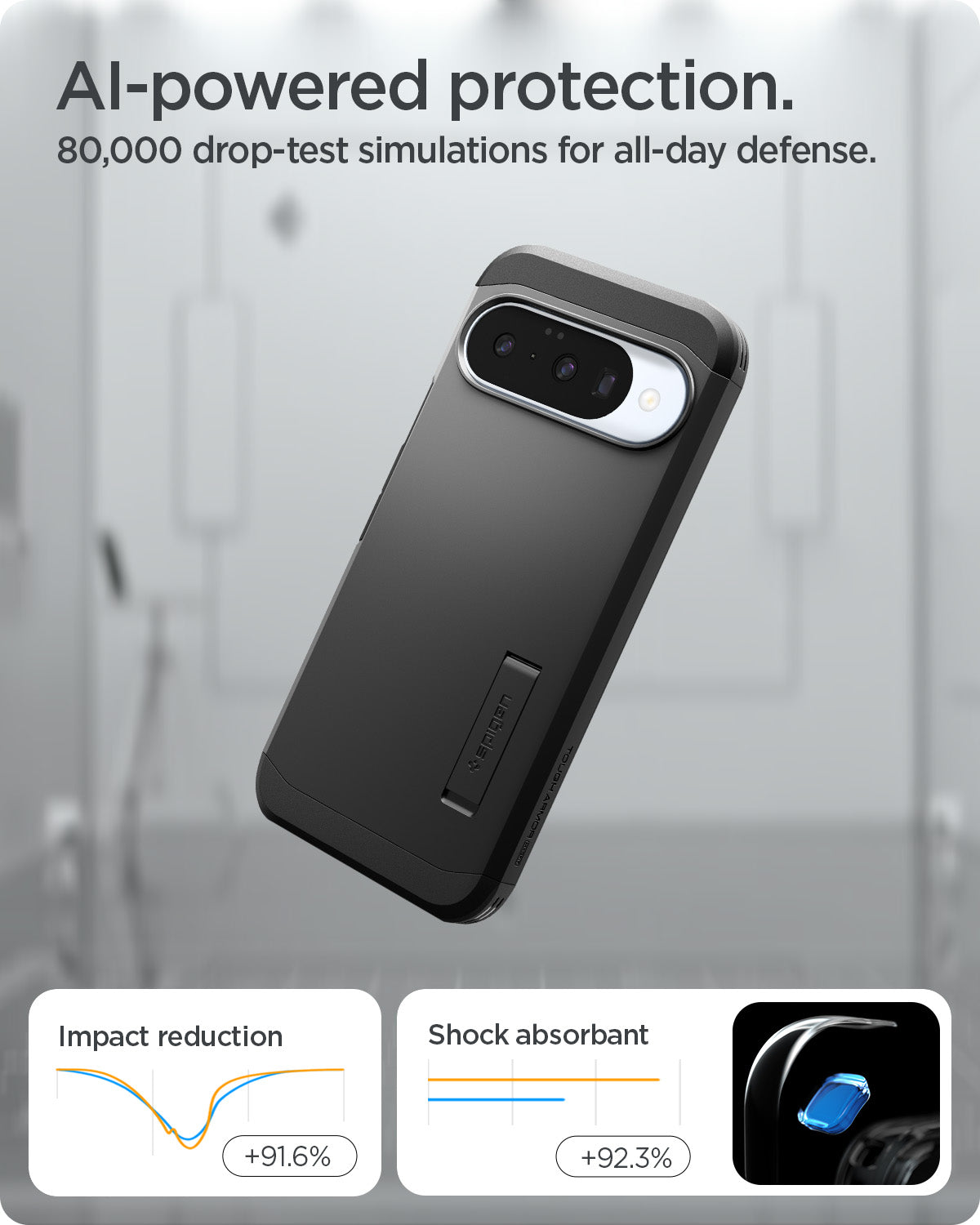 ACS09705 - Pixel 10 Pixel 10 Pro Tough Armor AI (MagFit) in black showing ai powered protection. 80,000 drop test simulations for all day defense.