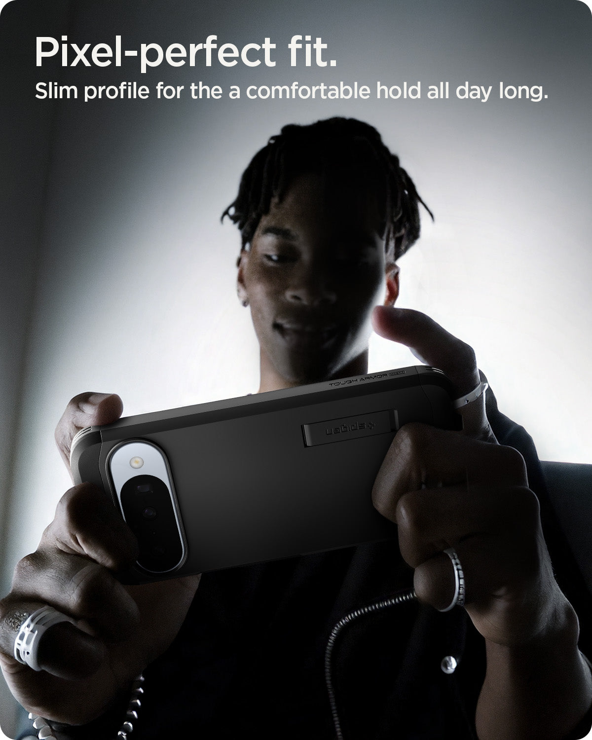 ACS09705 - Pixel 10 Pixel 10 Pro Tough Armor AI (MagFit) in black showing pixel perfect fit. Slim profile for the a comfortable hold all day long