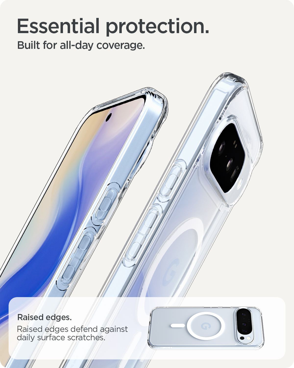 ACS09702 - Pixel 10 / Pixel 10 Pro Case Ultra Hybrid Metal Ring (MagFit) in crystal clear showing the essential protection. Built for all day coverage. Raised edges to defend against daily surface scratches.