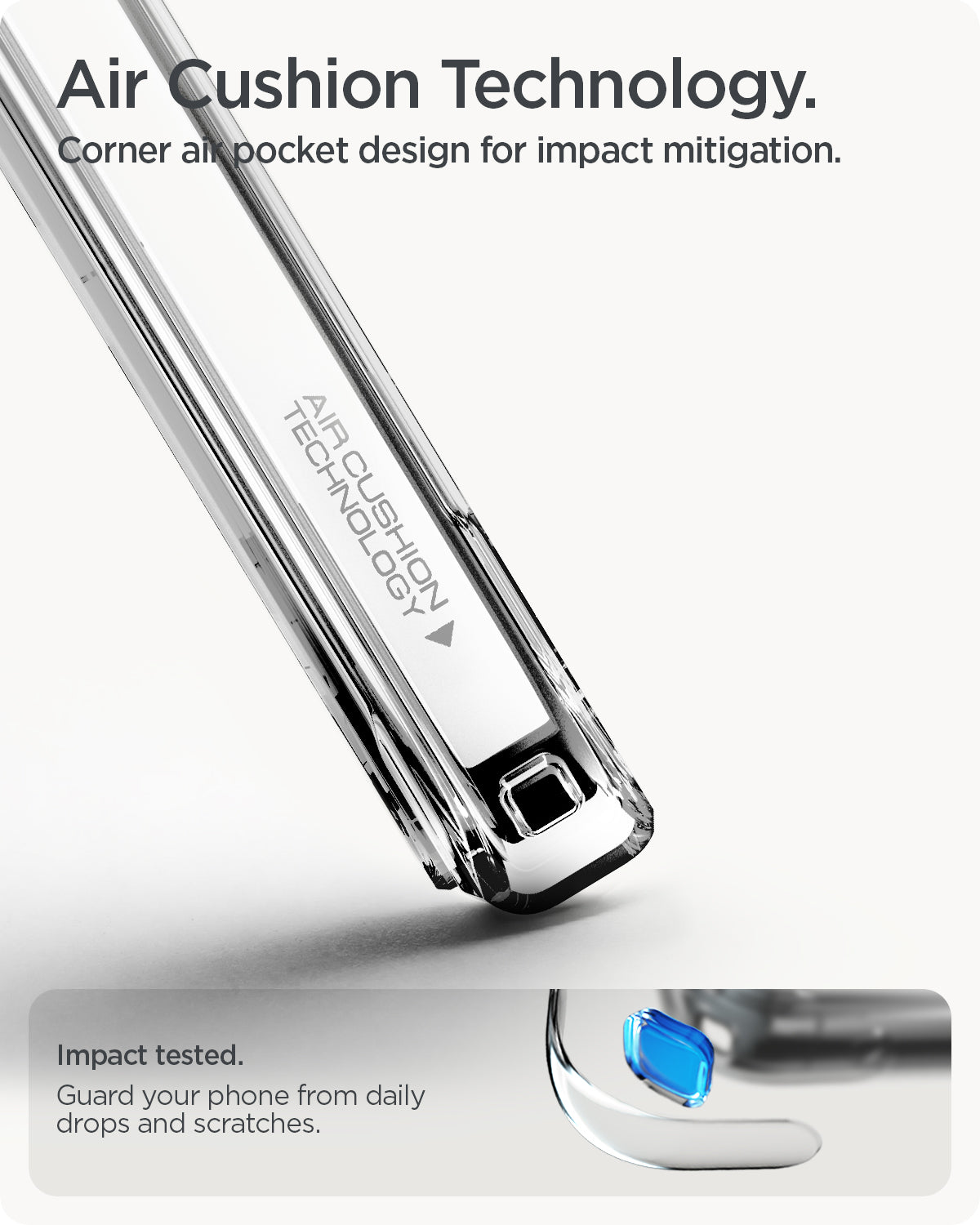 ACS09702 - Pixel 10 / Pixel 10 Pro Case Ultra Hybrid Metal Ring (MagFit) in crystal clear showing the aircushion technology. Corner air pocket design for impact mitigation. Impact tested. Guard your phone from daily drops and scratches.