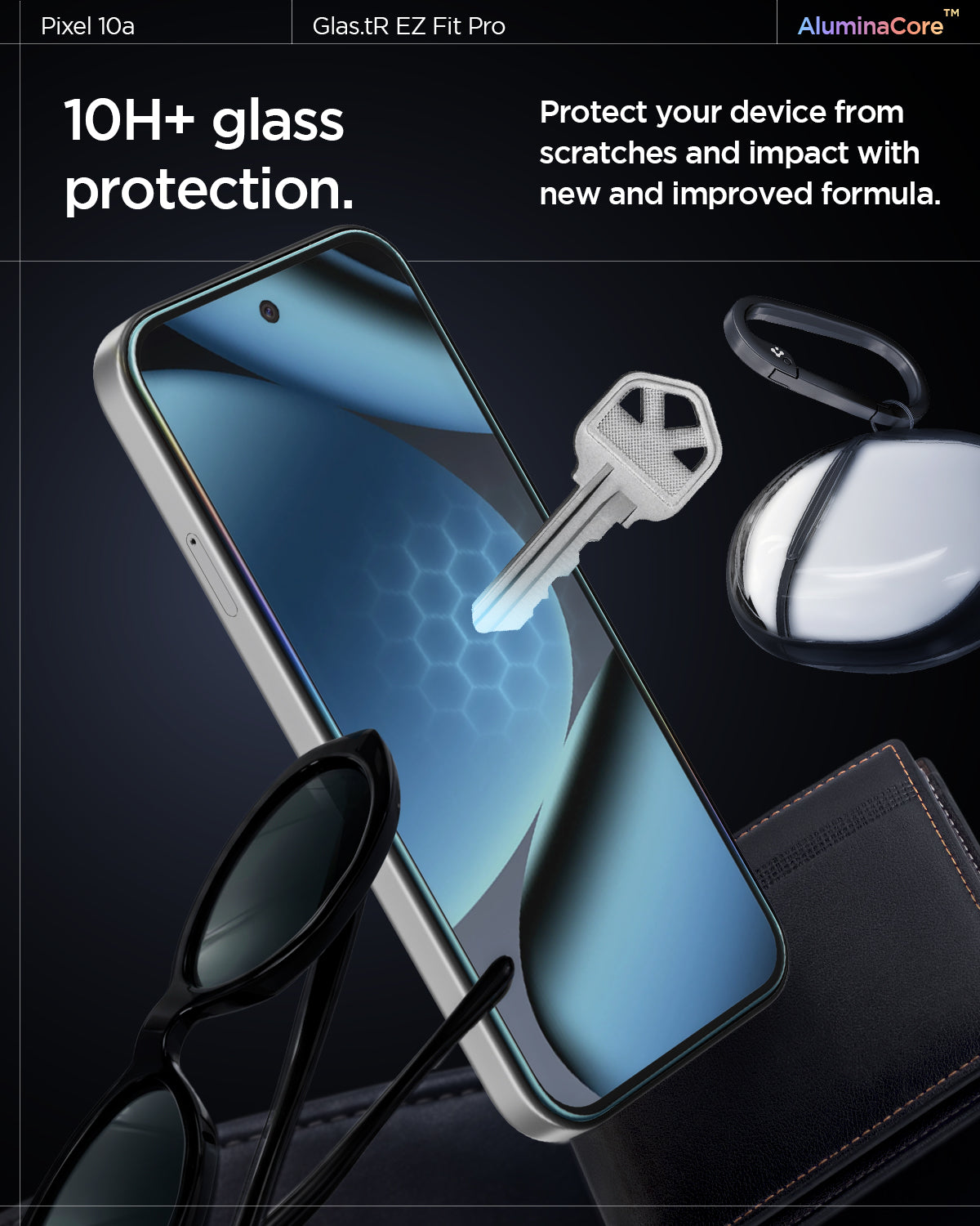 AGL11364 - Pixel 10a GLAS.tR EZ Fit Pro showing 10H+ glass protection