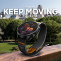 AMP11425 - Gamin 22mm Athlex Air Quick Realase showing smartwatch with Athlex Air 2 Quick Release 22mm woven band in black and orange outdoors with keep moving graphic
