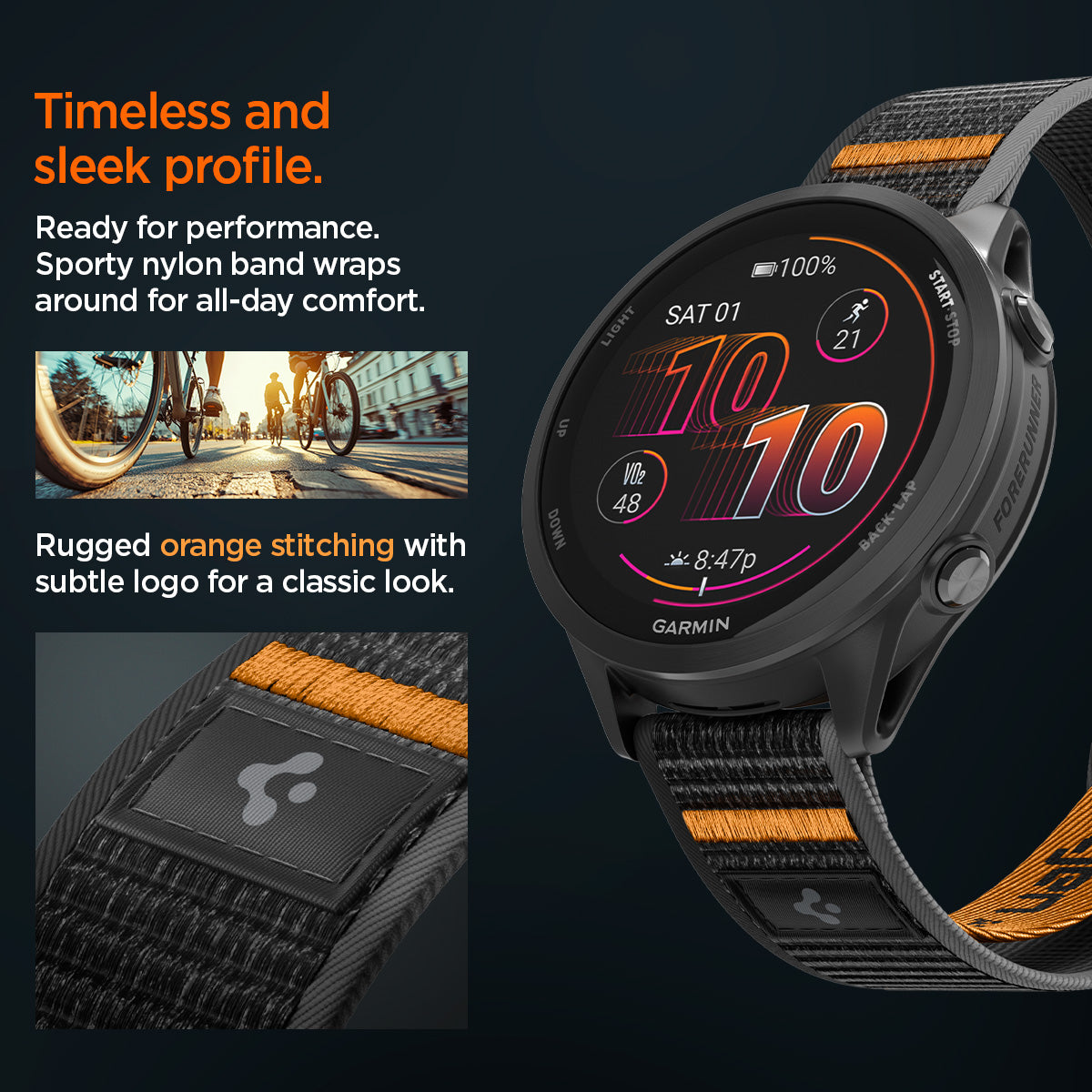 AMP11425 - Gamin 22mm Athlex Air Quick Realase showing smartwatch with Athlex Air 2 Quick Release 22mm nylon band featuring orange stitching and sporty woven texture