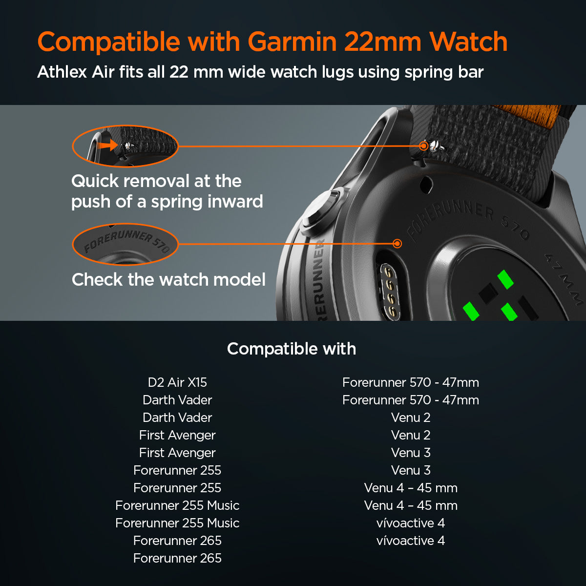 AMP11425 - Gamin 22mm Athlex Air Quick Realase showing compatibility guide for Athlex Air 2 Quick Release 22mm watch band compatible with select Garmin 22mm smartwatch models