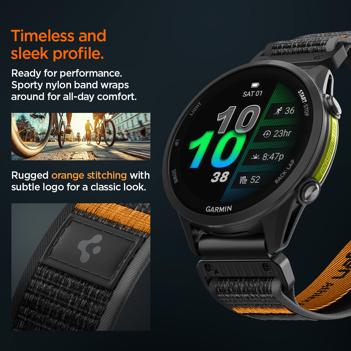 AMP11426 - Gamin 22mm Athlex Air Quick Fit showing smartwatch with Athlex Air 2 Quick Fit 22mm nylon band featuring orange stitching and sporty woven texture