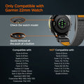 AMP11426 - Gamin 22mm Athlex Air Quick Fit showing compatibility guide for Athlex Air 2 Quick Fit 22mm watch band compatible with select Garmin 22mm smartwatch models