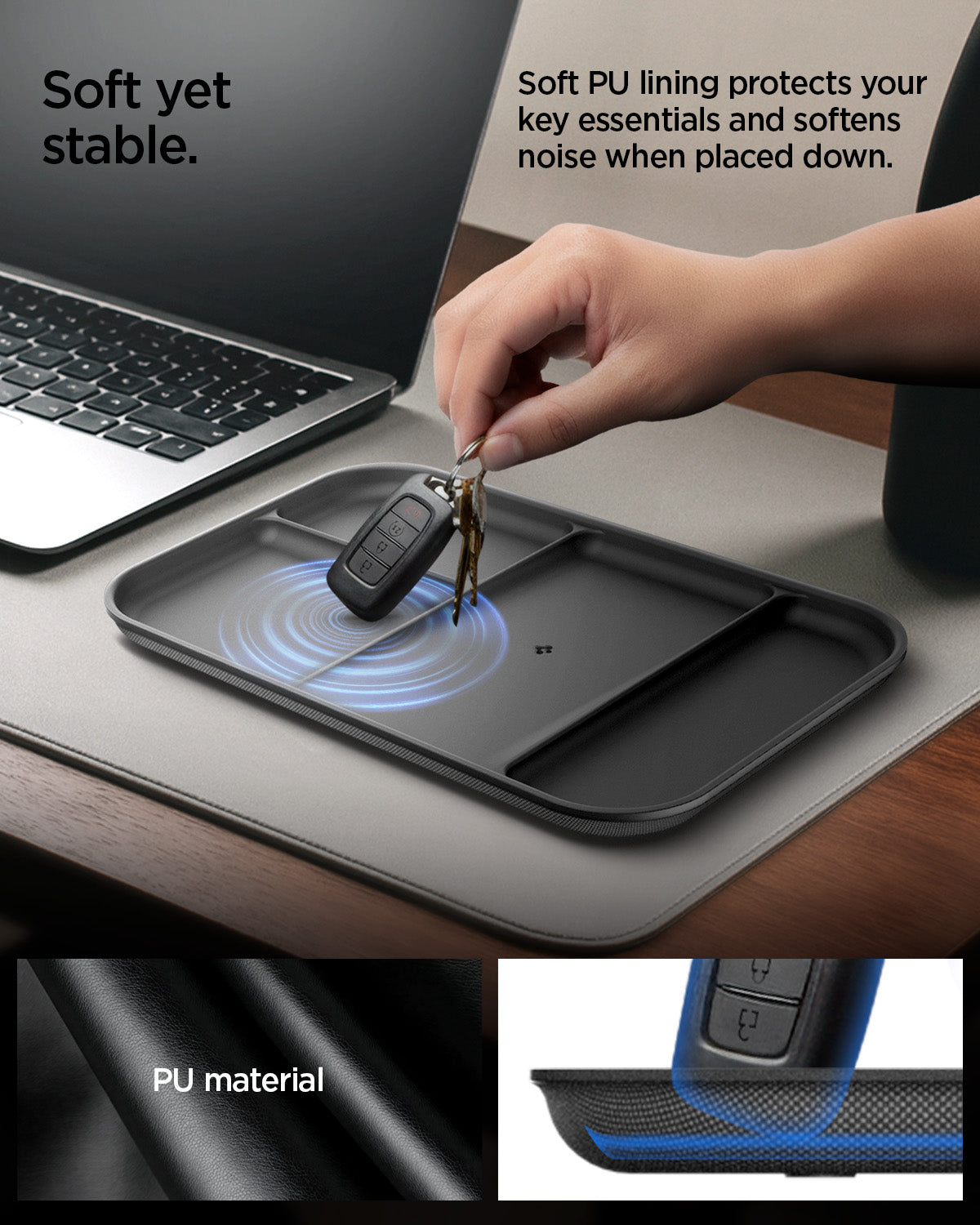 AHP10136 - Sectional Catchall Tray | LD403 showing soft yet stable. soft PU lining protects your key essentials and softens noise when placed down.