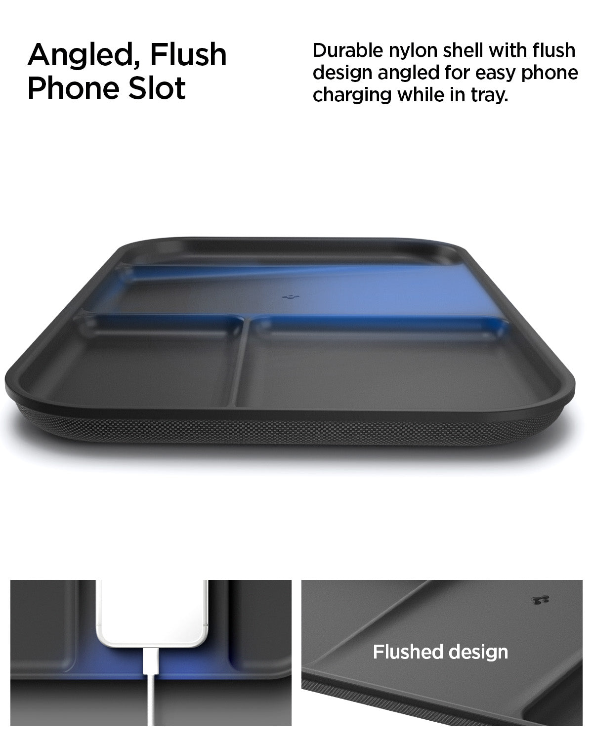 AHP10136 - Sectional Catchall Tray | LD403 showing angled, flush phone slot. durable nylon shell with flush design angled for easy phone charging while in tray