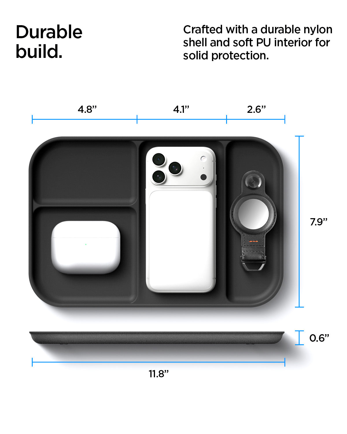 AHP10136 - Sectional Catchall Tray | LD403 showing durable build. crafted with a durable nylon shell and soft PU interior for solid protection