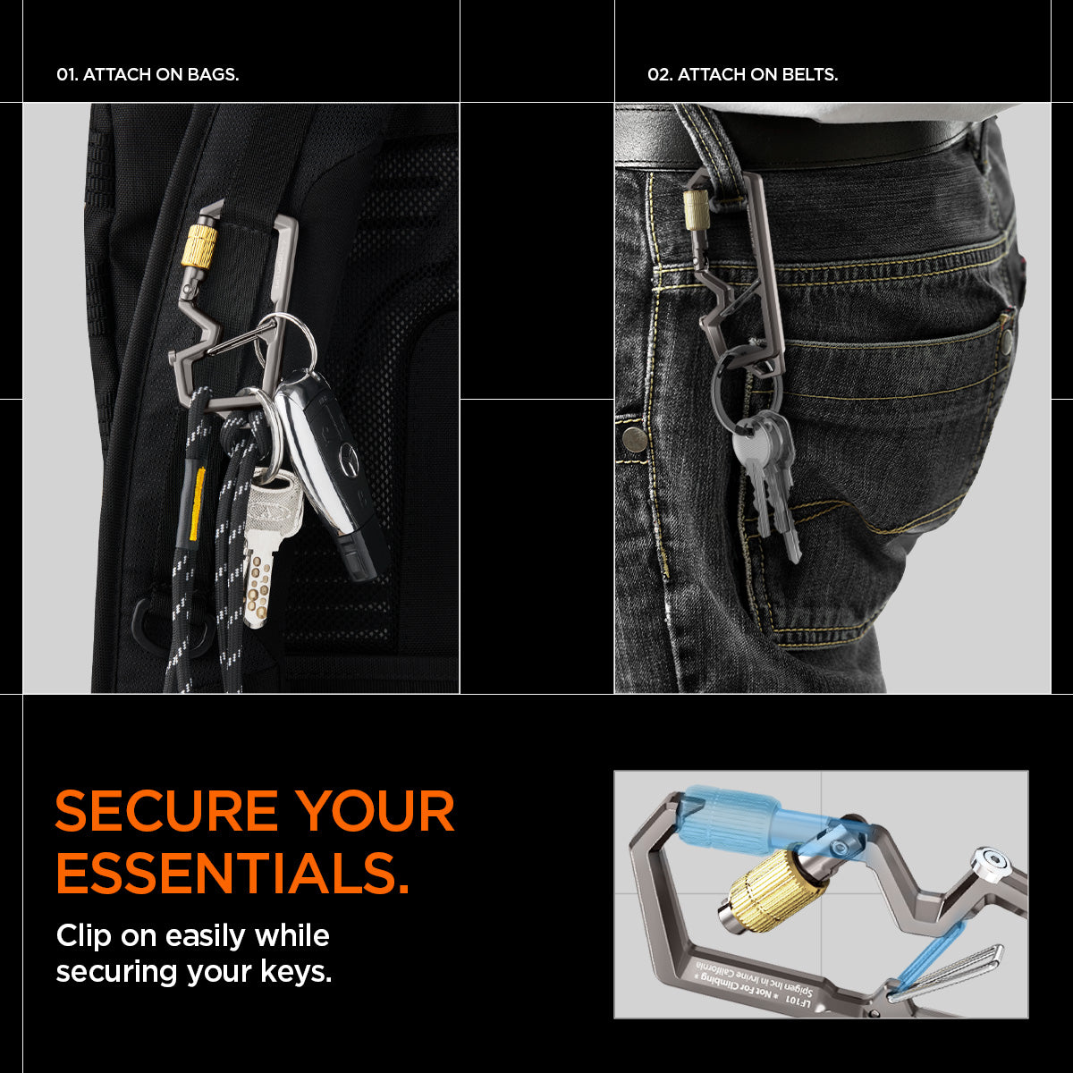 AHP08894 - Carabiner | LF101 in black showing how secure your essentials would be. Clip on easily while securing your keys