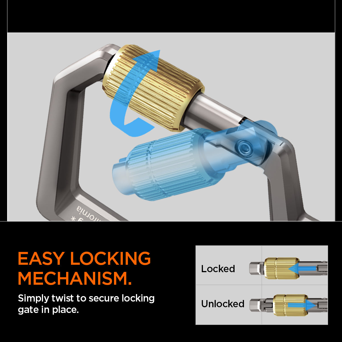 AHP08894 - Carabiner | LF101 in black showing the easy locking mechanism. Simply twist to secure locking gate in place