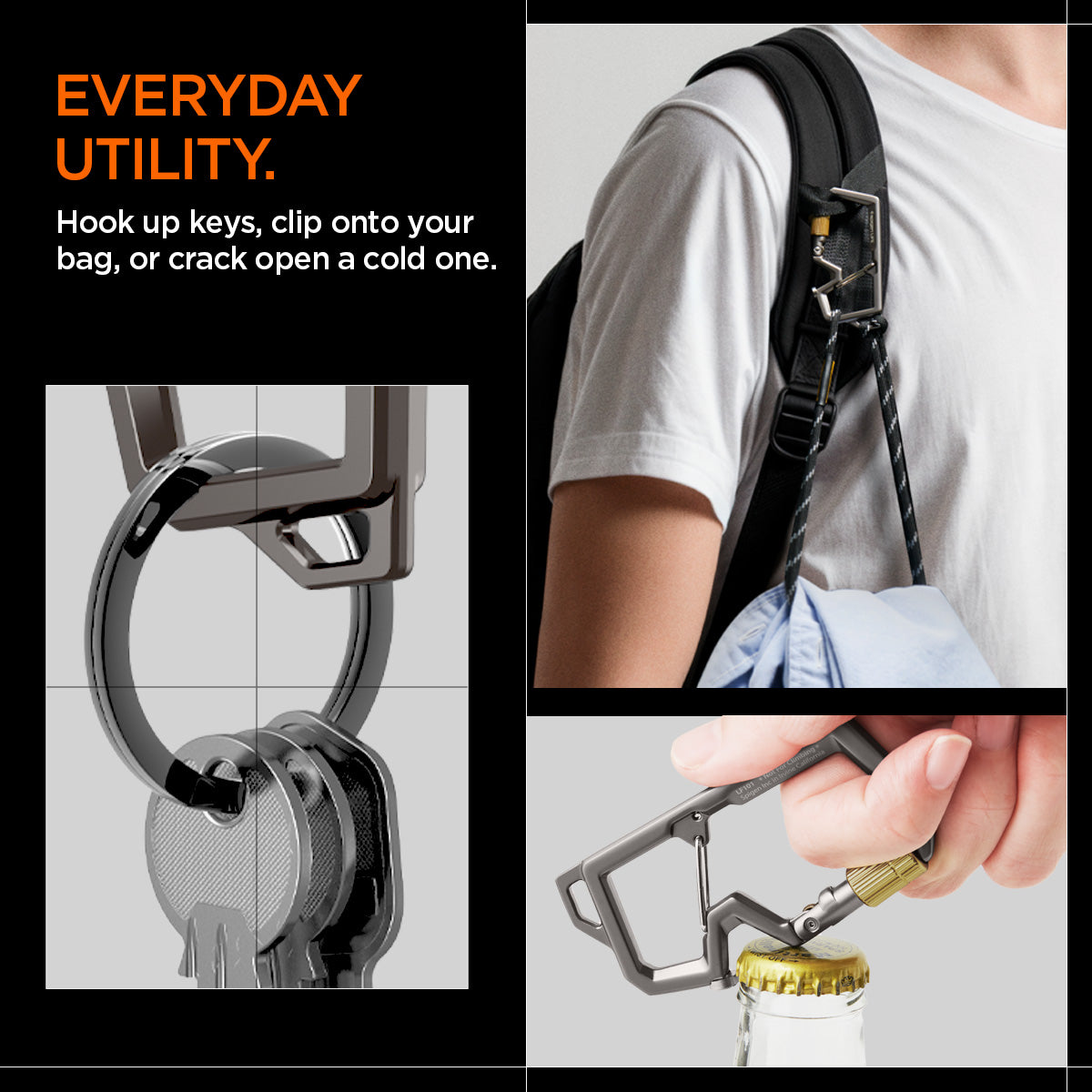 AHP08894 - Carabiner | LF101 in black showing the everyday utility. Hook up keys, clip onto your bag, or crack open a cold one