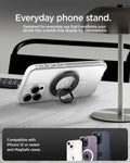 AMP09334 - O-Mag Magnetic Phone Holder (Mag Fit) | OM106 showing ring holder used as kickstand propping up iphone on desk with iphone compatibility callout below