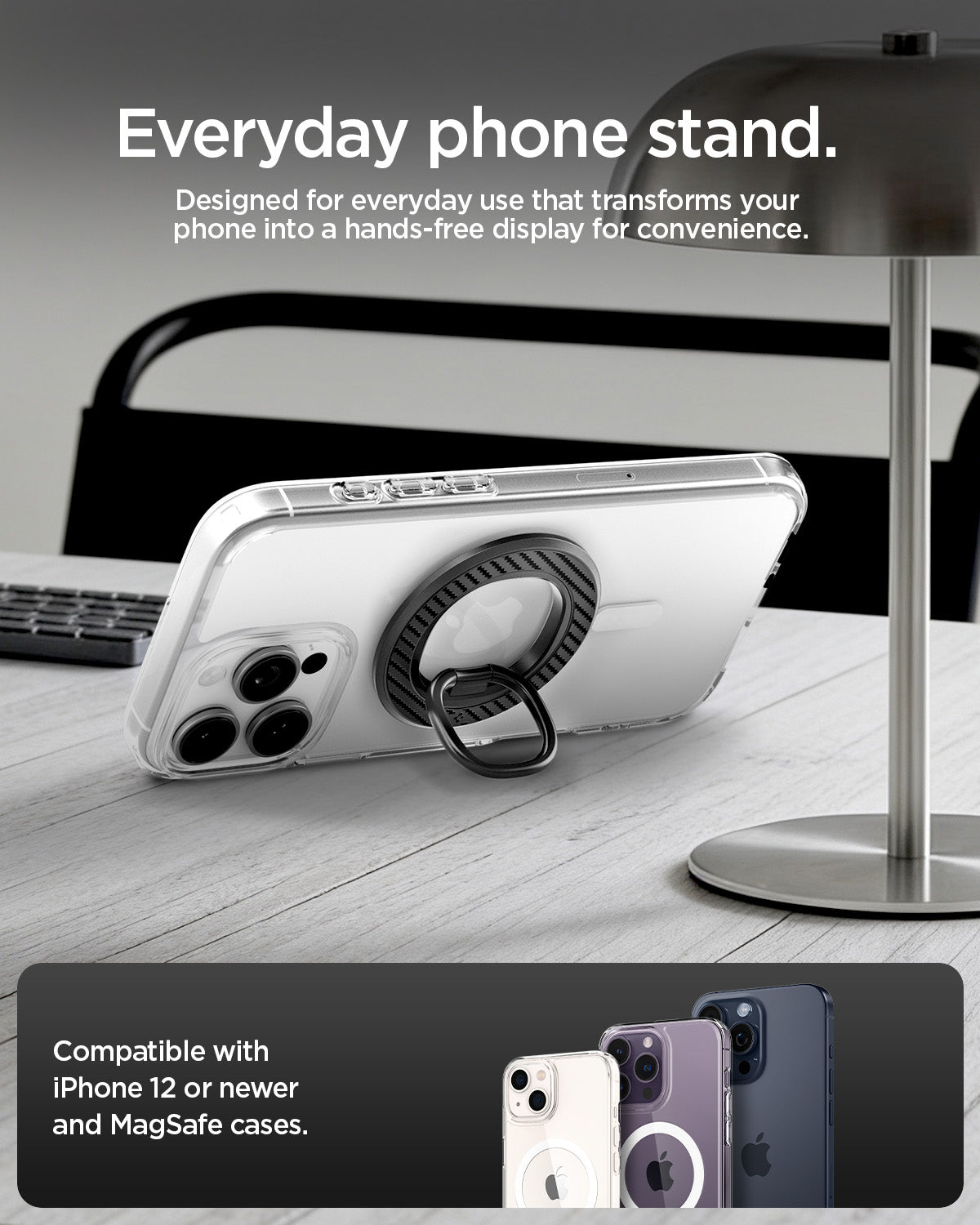 AMP09334 - O-Mag Magnetic Phone Holder (Mag Fit) | OM106 showing ring holder used as kickstand propping up iphone on desk with iphone compatibility callout below