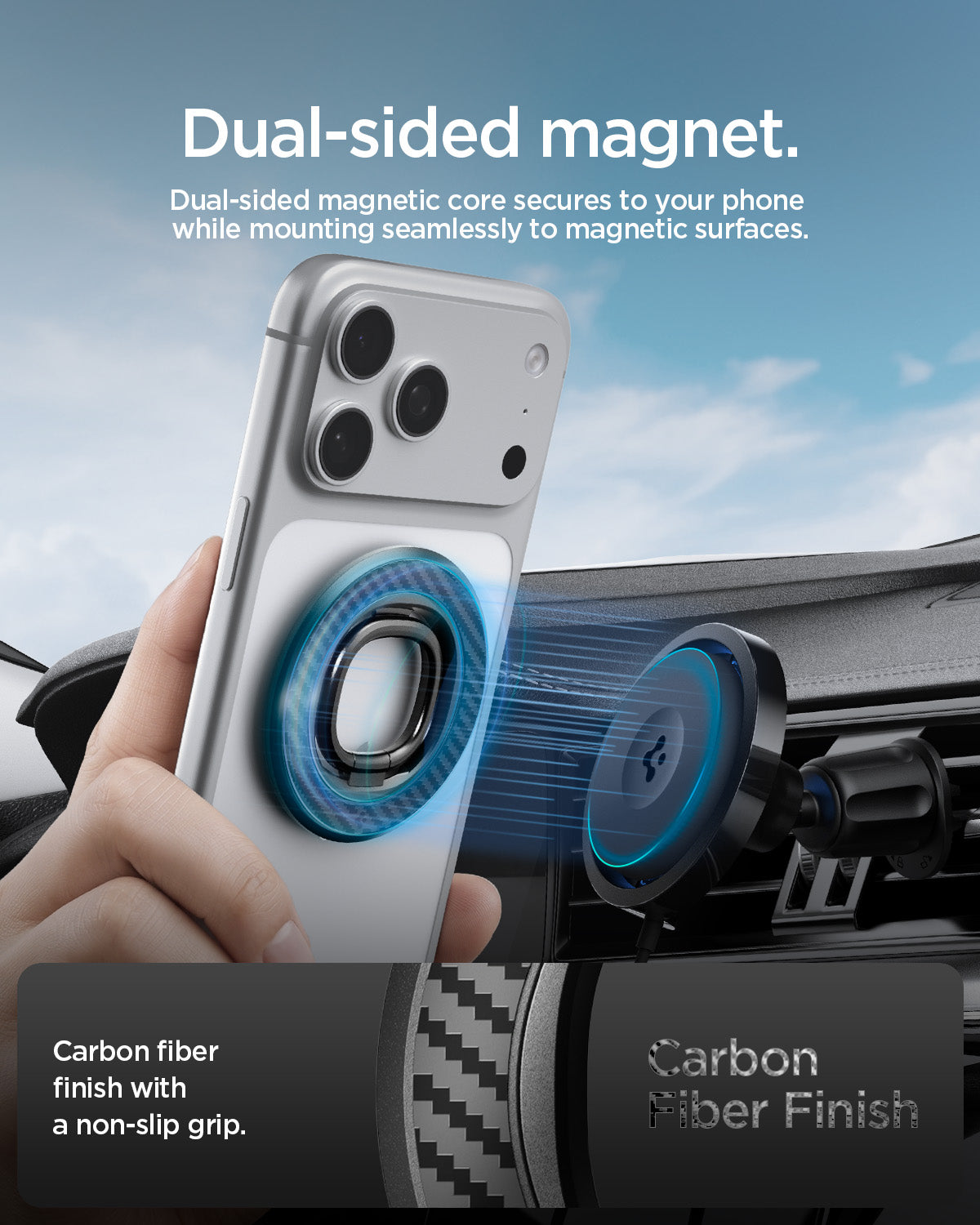 AMP09334 - O-Mag Magnetic Phone Holder (Mag Fit) | OM106 showing hand holding iphone toward magnetic car vent mount with dual-sided magnet and carbon fiber finish callout