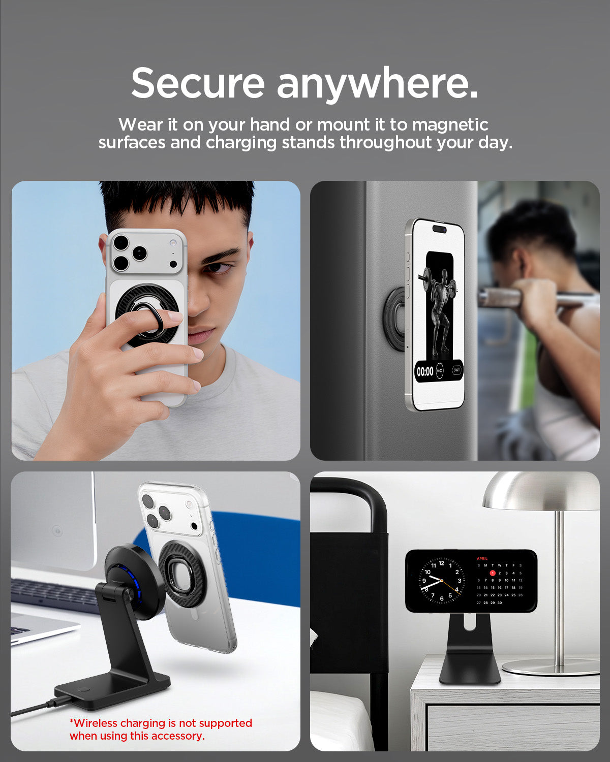 AMP09334 - O-Mag Magnetic Phone Holder (Mag Fit) | OM106 showing four use cases including hand grip, gym wall mount, wireless charging stand, and desk stand