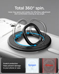 AMP09334 - O-Mag Magnetic Phone Holder (Mag Fit) | OM106 showing 360 degree rotation diagram with scratch protection comparison between spigen and competing products