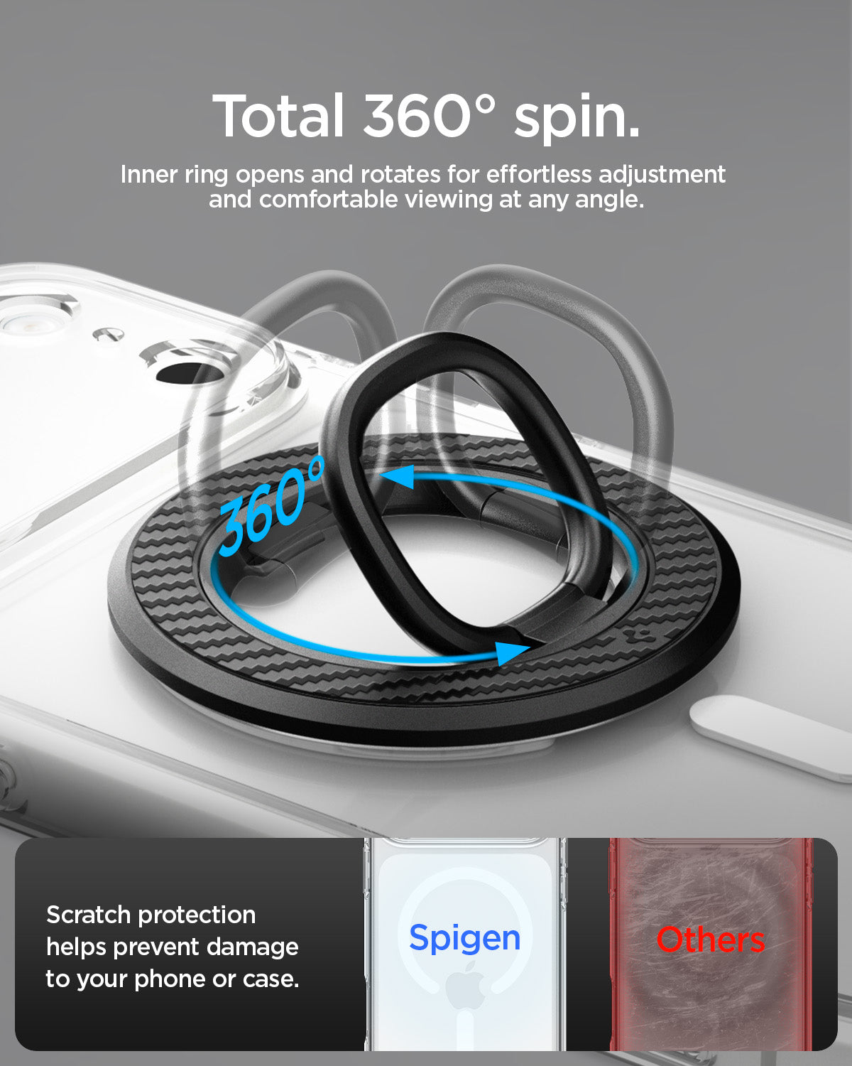 AMP09334 - O-Mag Magnetic Phone Holder (Mag Fit) | OM106 showing 360 degree rotation diagram with scratch protection comparison between spigen and competing products