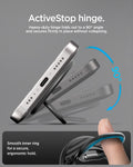 AMP09334 - O-Mag Magnetic Phone Holder (Mag Fit) | OM106 showing activestop hinge folding to 90 degrees with smooth inner ring ergonomic grip callout