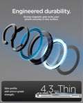 AMP09334 - O-Mag Magnetic Phone Holder (Mag Fit) | OM106 showing exploded layer diagram of dual-sided magnetic core construction with 4.3mm slim profile callout