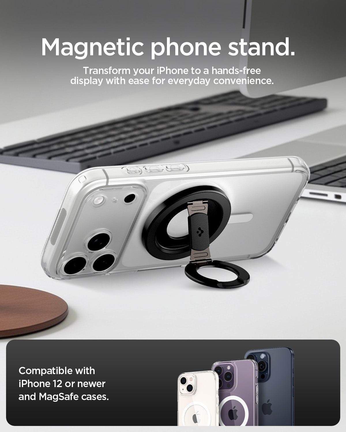 AMP11739 - O-Mag Magnetic Phone Holder (Mag Fit+) | OM108 magnetic phone stand graphic showing an iPhone propped up near a keyboard and mouse