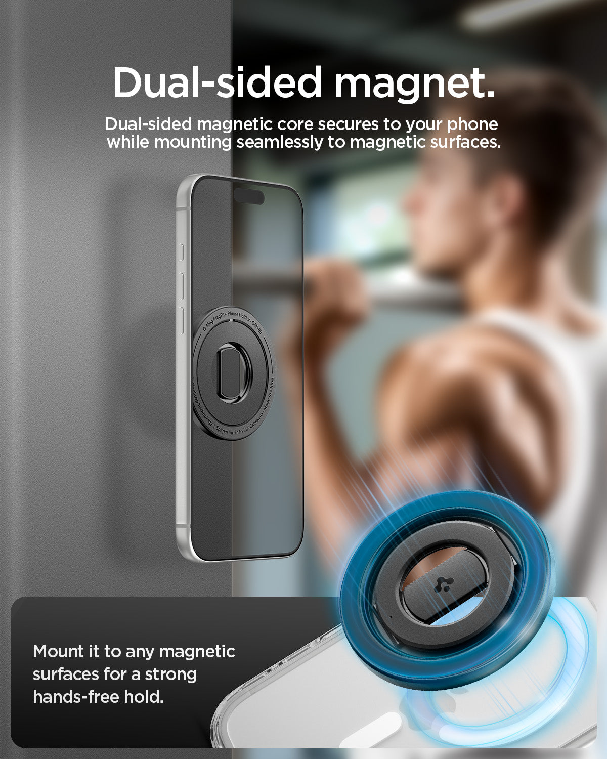 AMP11739 - O-Mag Magnetic Phone Holder (Mag Fit+) | OM108 dual sided magnet graphic showing the holder mounted on a pull up bar surface