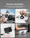 AMP11739 - O-Mag Magnetic Phone Holder (Mag Fit+) | OM108 secure anywhere graphic with four lifestyle photos showing car mount hand grip and stand use