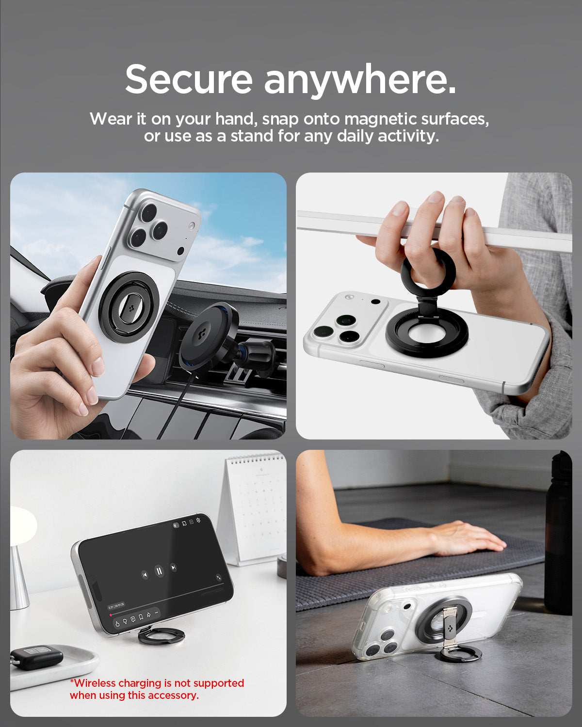 AMP11739 - O-Mag Magnetic Phone Holder (Mag Fit+) | OM108 secure anywhere graphic with four lifestyle photos showing car mount hand grip and stand use