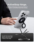 AMP11739 - O-Mag Magnetic Phone Holder (Mag Fit+) | OM108 ActiveStop hinge graphic showing the phone propped at an angle on a table