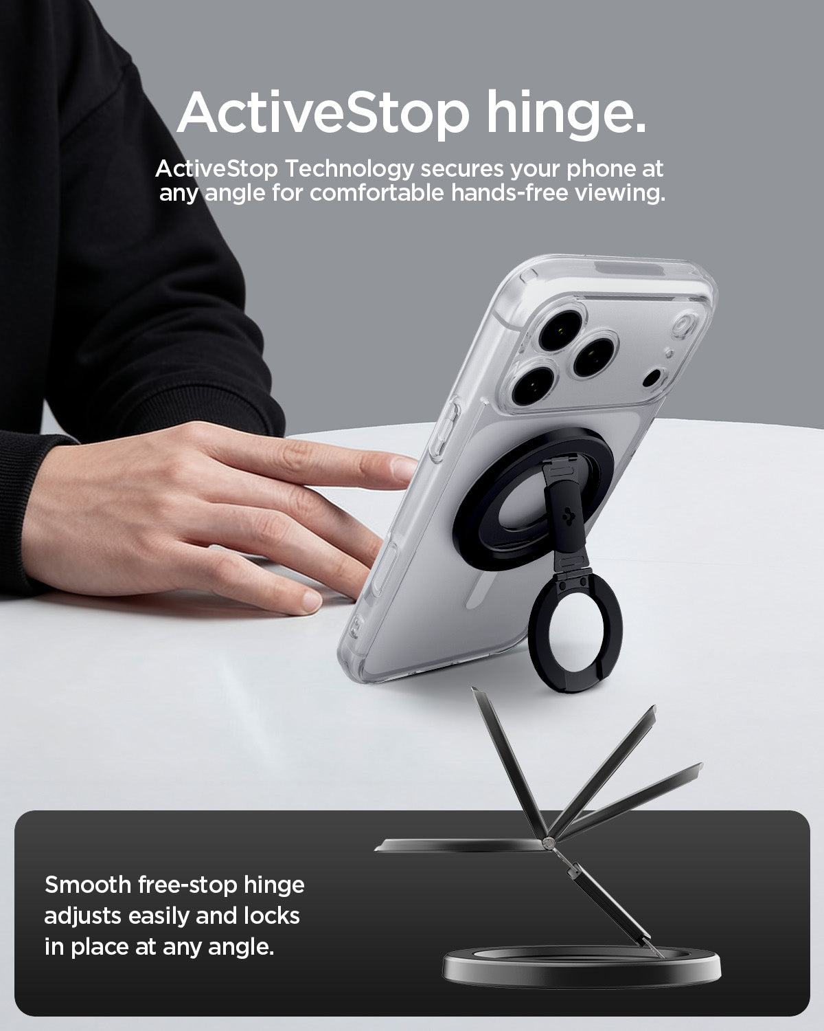 AMP11739 - O-Mag Magnetic Phone Holder (Mag Fit+) | OM108 ActiveStop hinge graphic showing the phone propped at an angle on a table