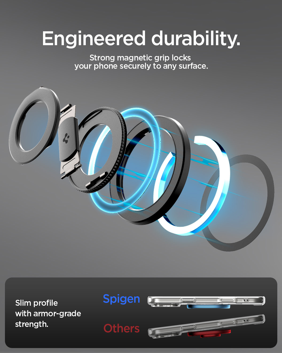 AMP11739 - O-Mag Magnetic Phone Holder (Mag Fit+) | OM108 engineered durability graphic showing an exploded view of the magnetic ring components