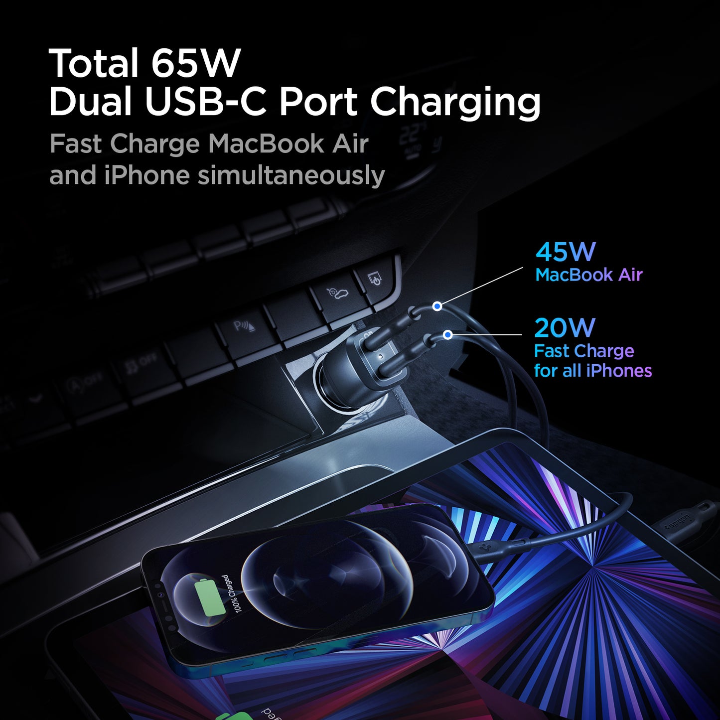 ACP02562 - ArcStation™ Dual Port Car Charger PC2000 in Black showing the Total 65W Dual USB-C Port Charging. Fast Charge MacBook Air and iPhone simultaneously. 45W MacBook Air and 20W Fast Charge for all iPhones