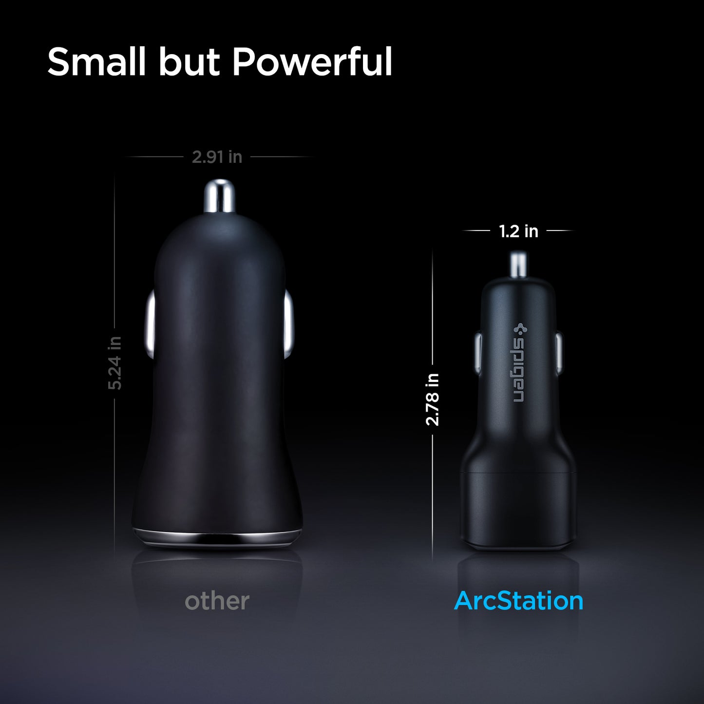 ACP02562 - ArcStation™ Dual Port Car Charger PC2000 in Black showing the Small but Powerful with the size 2.78 in x 1.2 in compared to others 5.24 in x 2.91 in