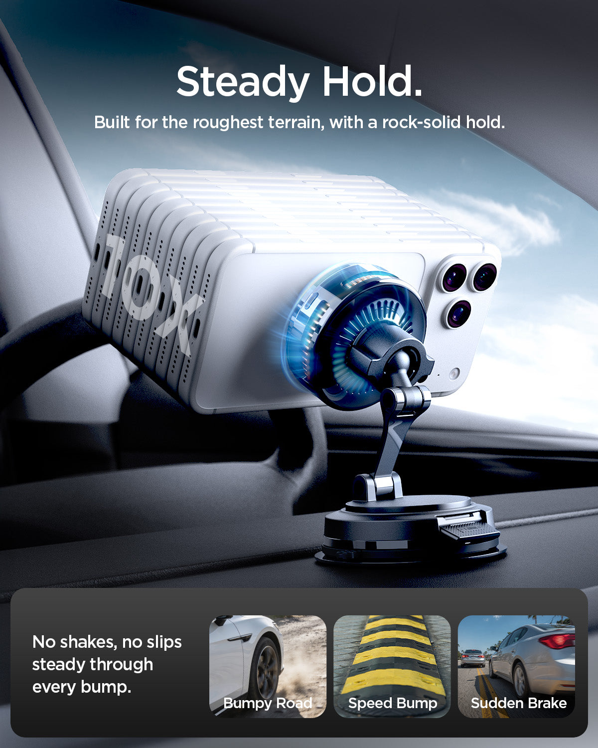ACP11399 - Peltier Dashboard Charging Mount with Cable | PLT100 (Mag Fit) showing "Steady Hold" a phone mounted on the PLT100 staying secure over a bumpy road, speed bump, and sudden brake.