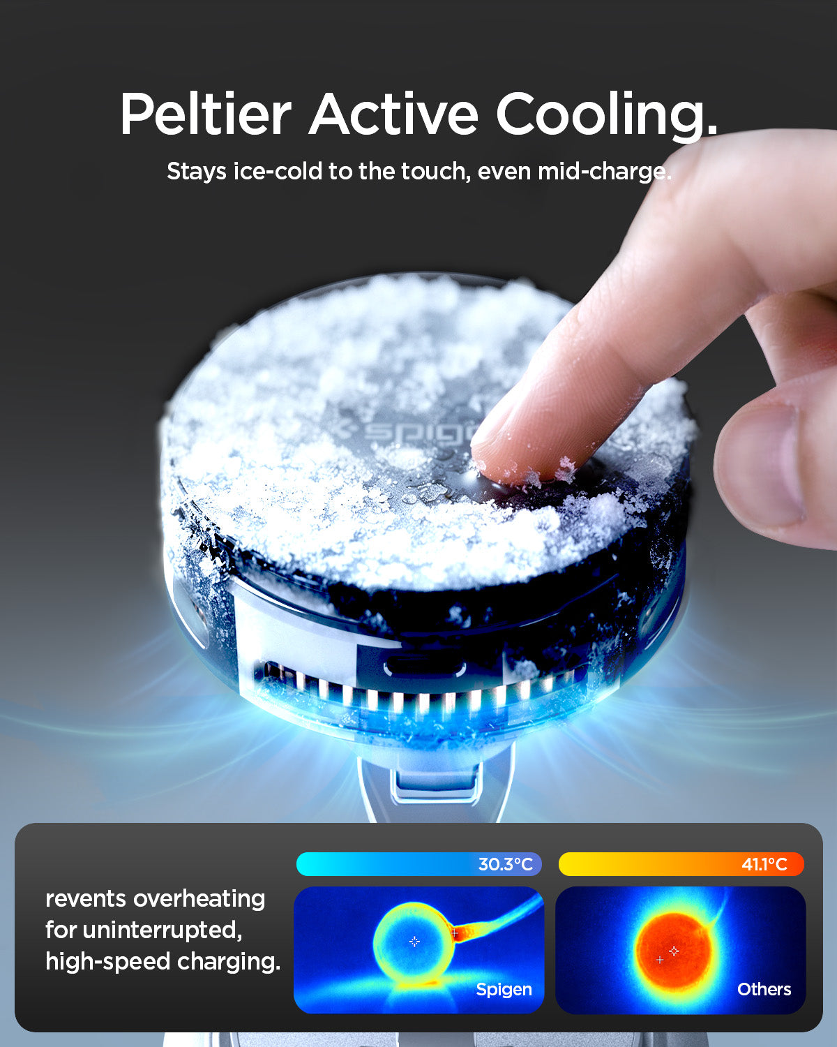 ACP11399 - Peltier Dashboard Charging Mount with Cable | PLT100 (Mag Fit) showing "Peltier Active Cooling"  a frost-covered charging head being touched, with thermal images comparing 30.3°C (Spigen) to 41.1°C (others).