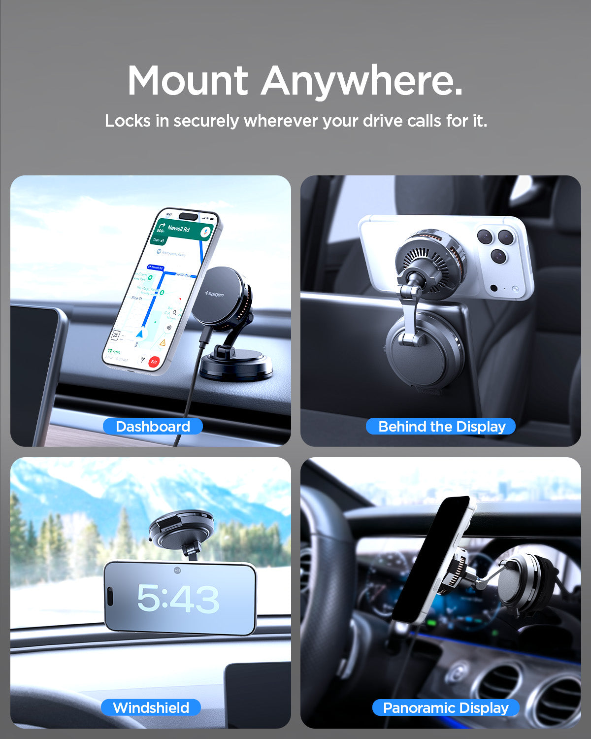 ACP11399 - Peltier Dashboard Charging Mount with Cable | PLT100 (Mag Fit) showing "Mount Anywhere"  the PLT100 installed on a dashboard, behind a display, on a windshield, and on a panoramic display.