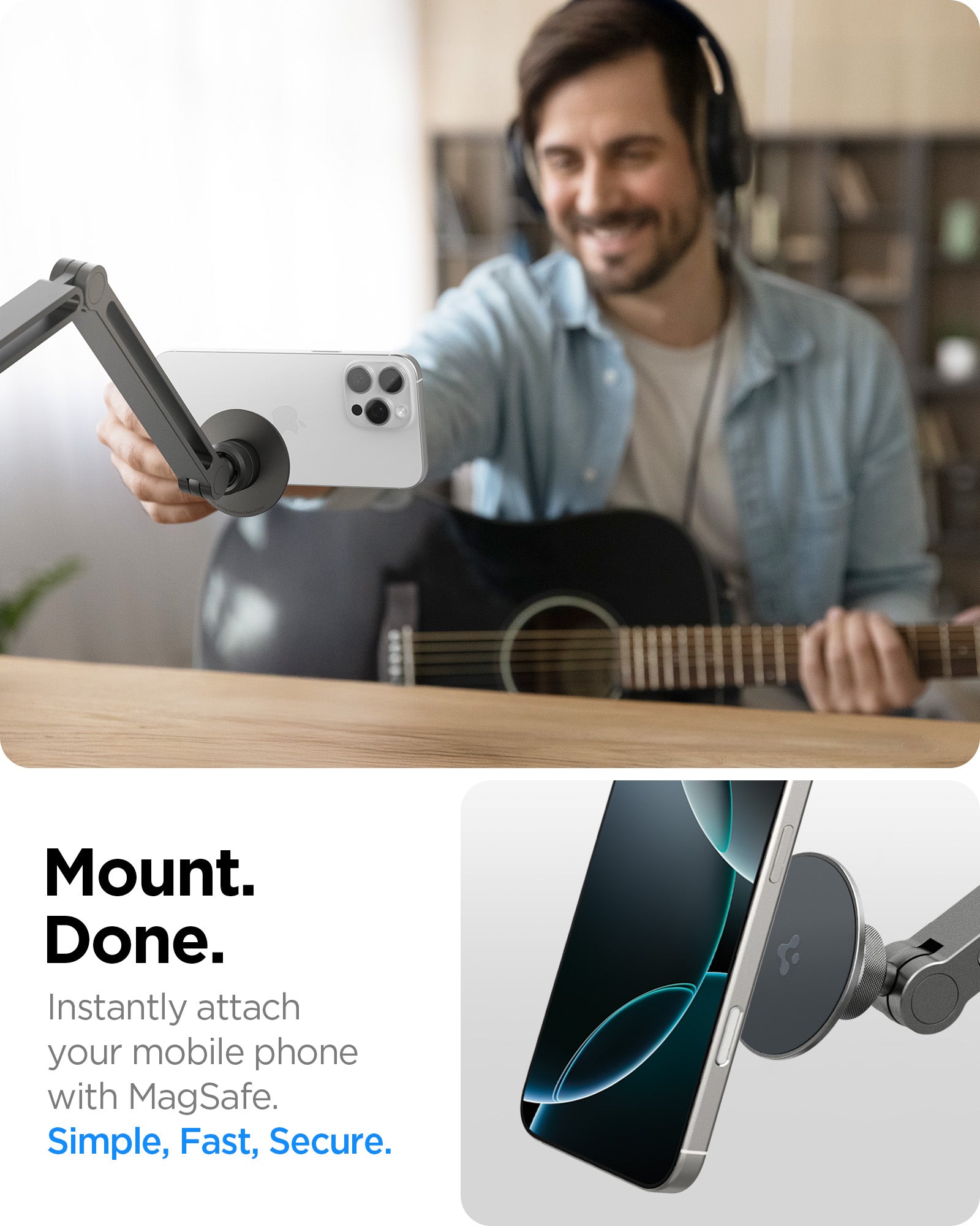 AMP09694 - Phone OneTap Clamp (MagFit) in Space Gray showing mount done