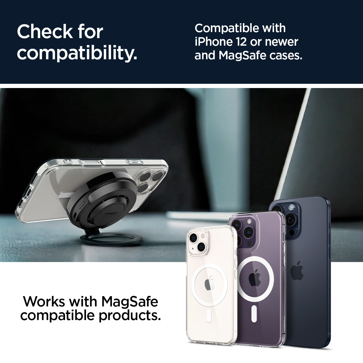 ACH07977 - OneTap Phone Kickstand S310WCK (MagFit) in Black showing the compatibility. Compatible with iPhone 12 or newer and MagSafe cases, works with MagSafe compatible products