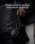 ACS11203 - Galaxy Buds 4 Series - Classic Fit in Black showing carry on. Strong carabiner keeps buds secure on the go
