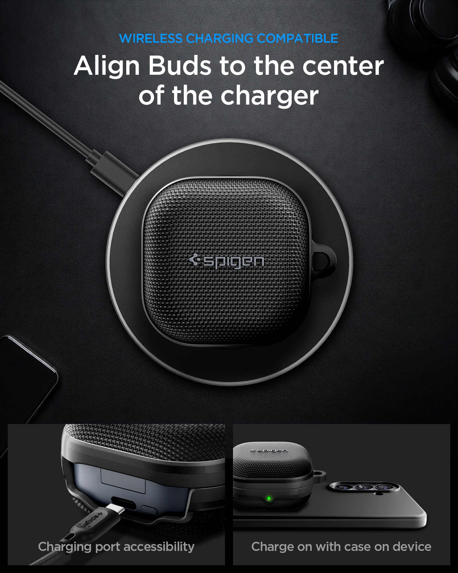 ACS11203 - Galaxy Buds 4 Series - Classic Fit in Black showing wireless charging compatible. align buds to the center of the charger