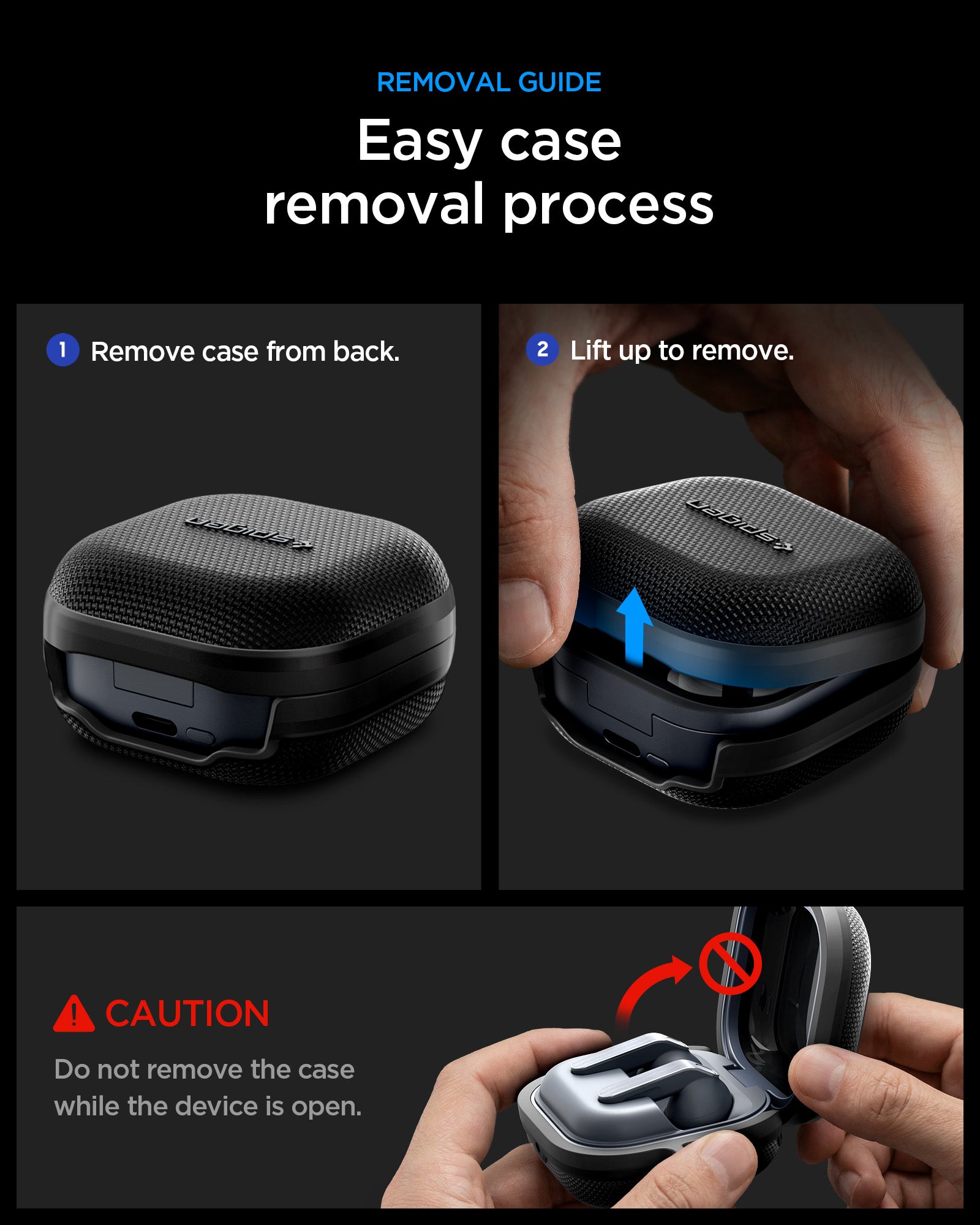 ACS11203 - Galaxy Buds 4 Series - Classic Fit in Black showing removal guide. easy case removal process