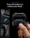 ACS11202 - Galaxy Buds 4 Series - Lock Fit in Matte Black showing push to open. press the button to unlock your buds