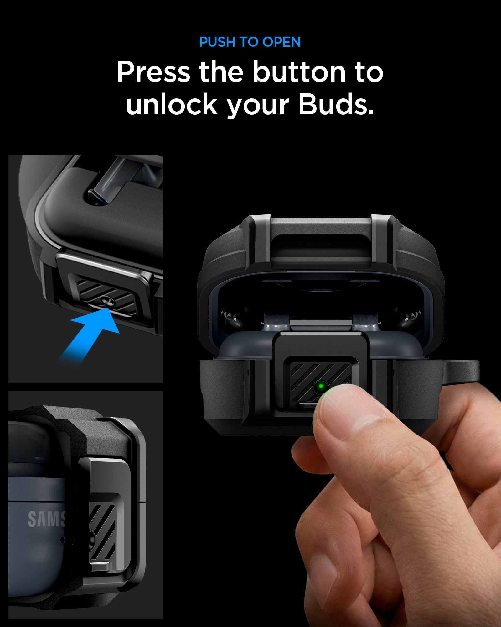ACS11202 - Galaxy Buds 4 Series - Lock Fit in Matte Black showing push to open. press the button to unlock your buds
