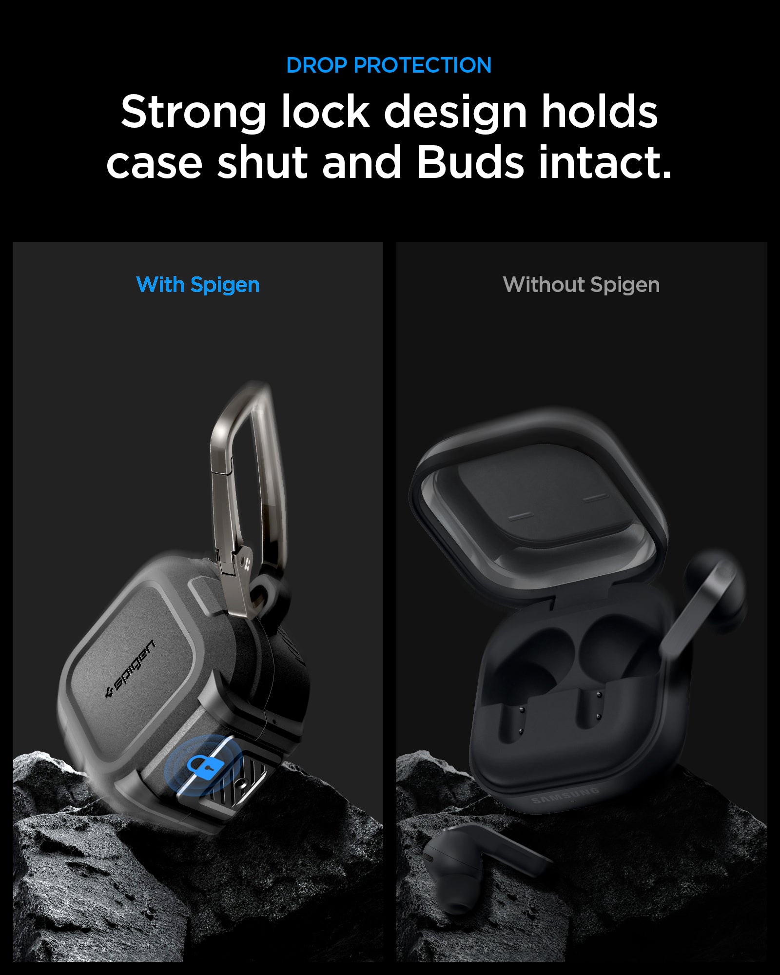 ACS11202 - Galaxy Buds 4 Series - Lock Fit in Matte Black showing drop protection. strong lock design holds case shut and buds intact
