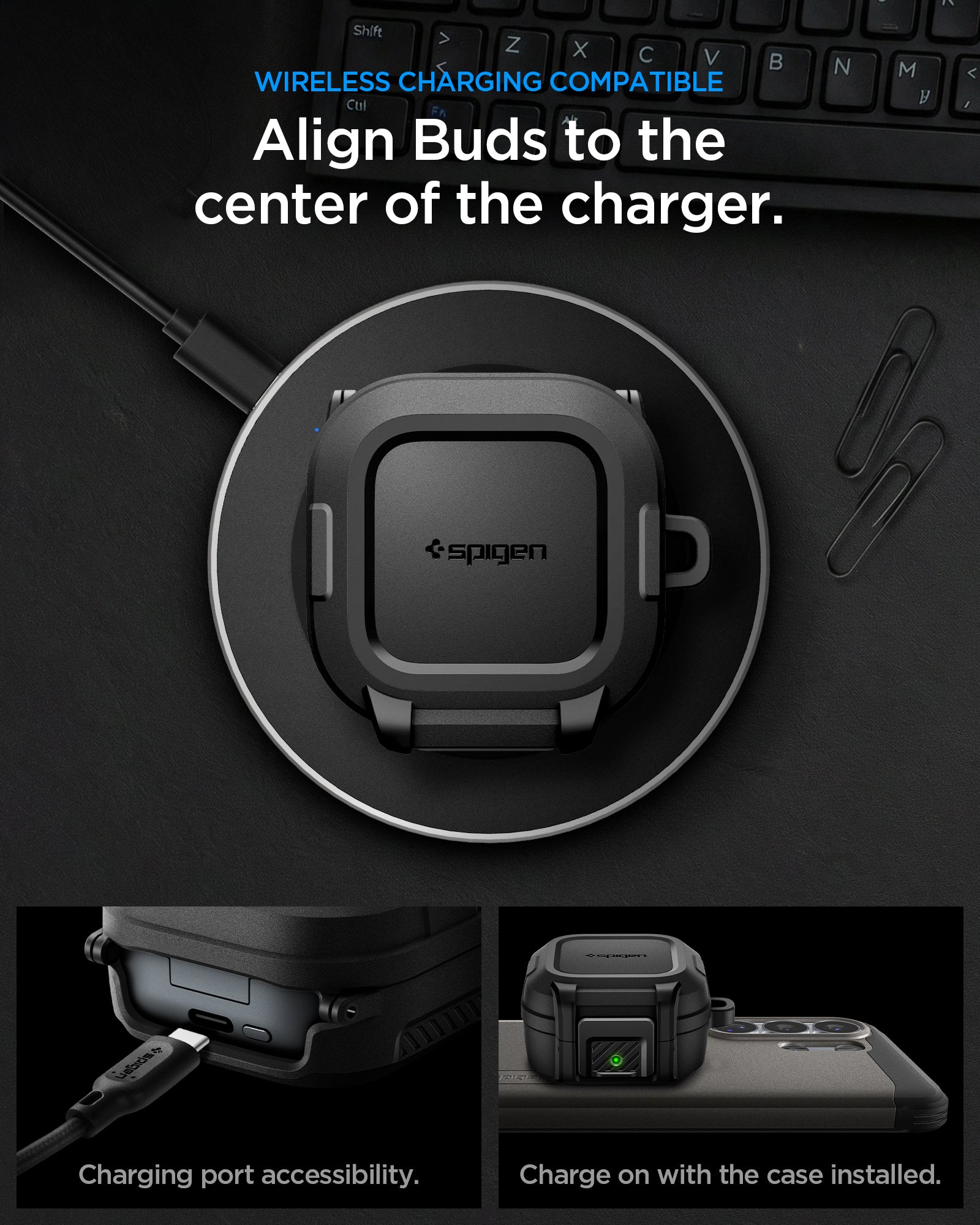 ACS11202 - Galaxy Buds 4 Series - Lock Fit in Matte Black showing wireless charging compatible. align buds to the center of the charger