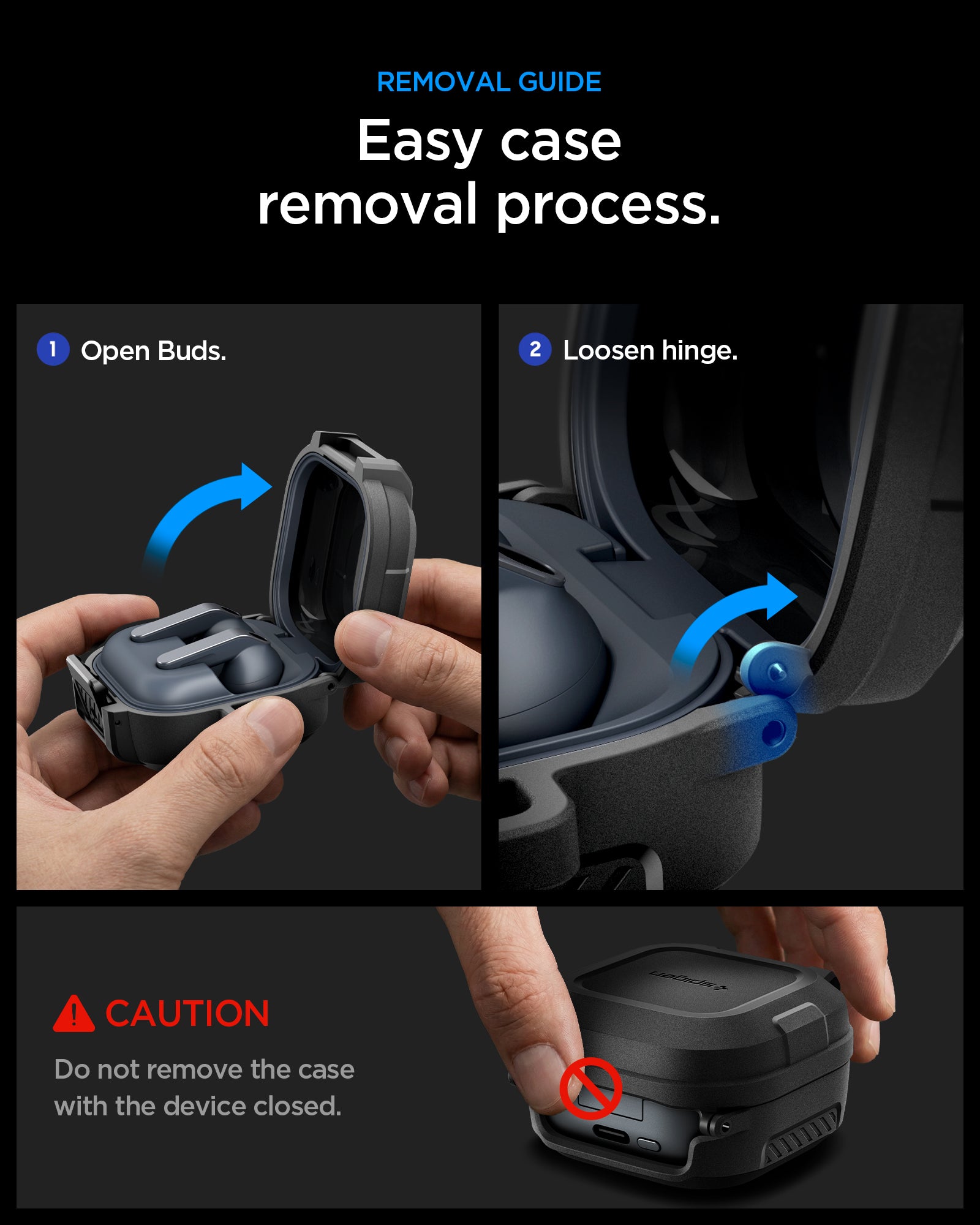 ACS11202 - Galaxy Buds 4 Series - Lock Fit in Matte Black showing removal guide. easy case removal process