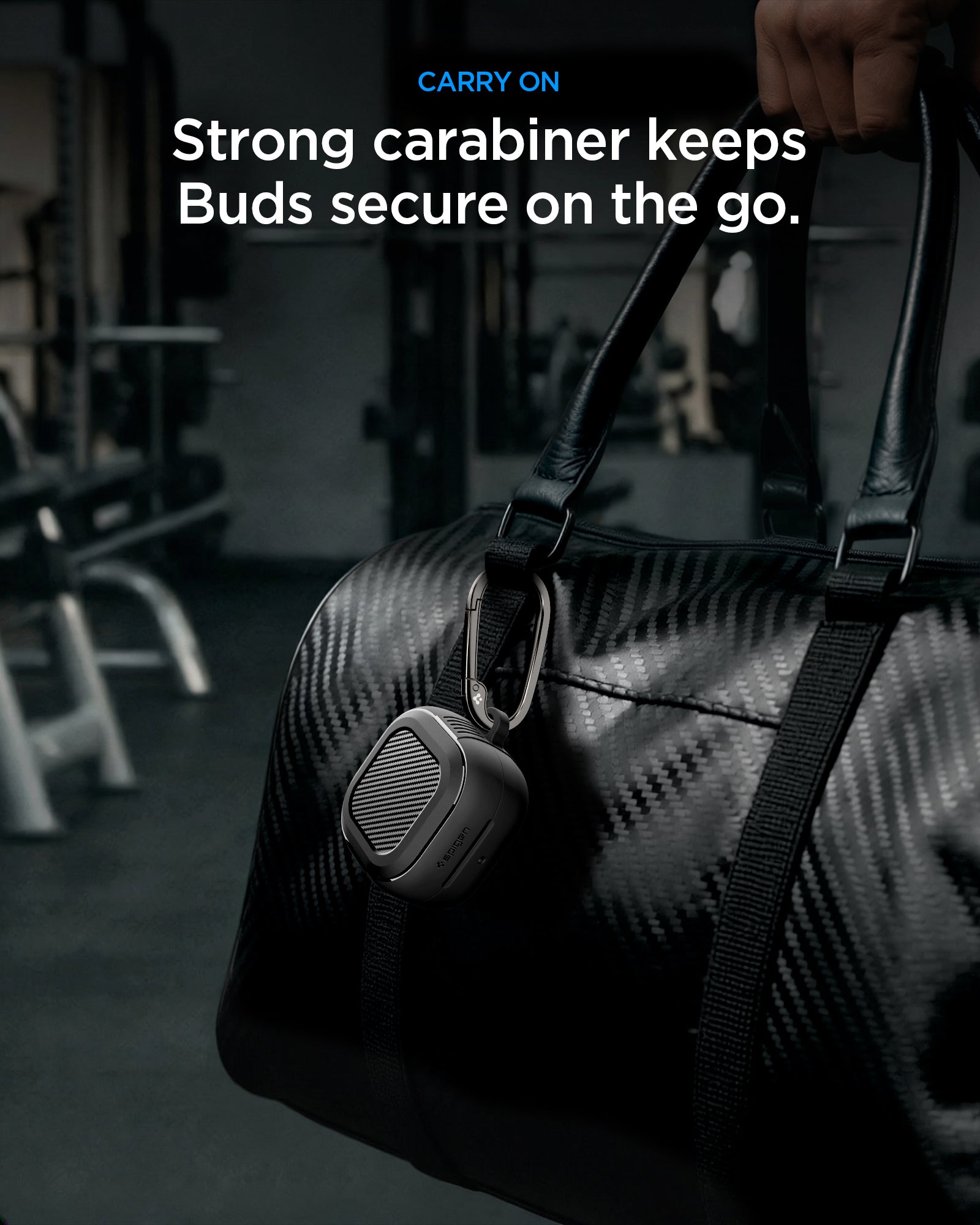 ACS11200 - Galaxy Buds 4 Series Rugged Armor in Matte Black showing carry on. Strong carabiner keeps buds secure on the go