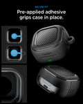 ACS11200 - Galaxy Buds 4 Series Rugged Armor in Matte Black showing secure fit. pre applied adhesive grips case in place
